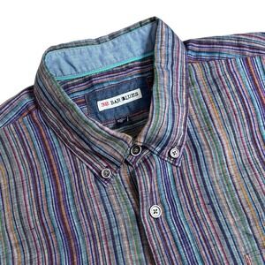 32 Bar Blues Mens XL Multicolored Striped Linen Short Sleeve Button Down Shirt